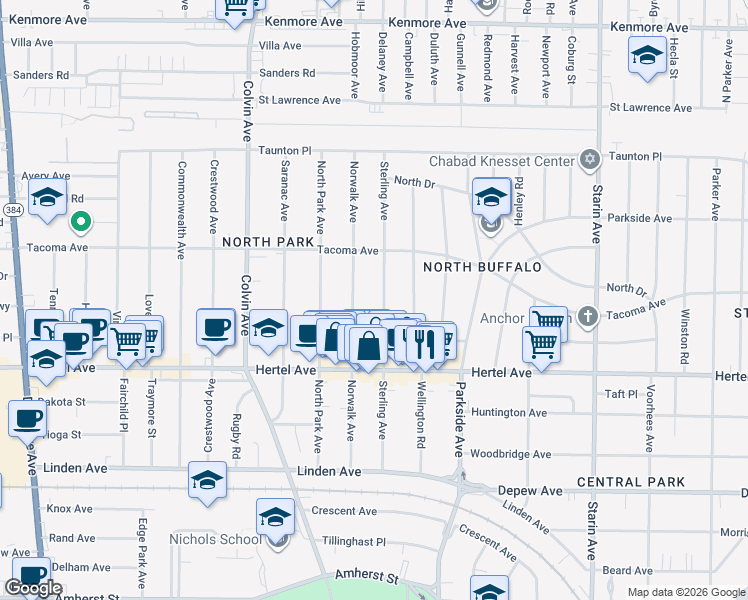 map of restaurants, bars, coffee shops, grocery stores, and more near 172 Sterling Avenue in Buffalo
