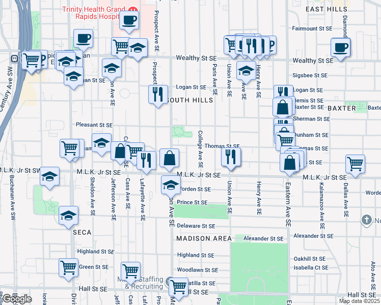 map of restaurants, bars, coffee shops, grocery stores, and more near 726 Morris Avenue Southeast in Grand Rapids