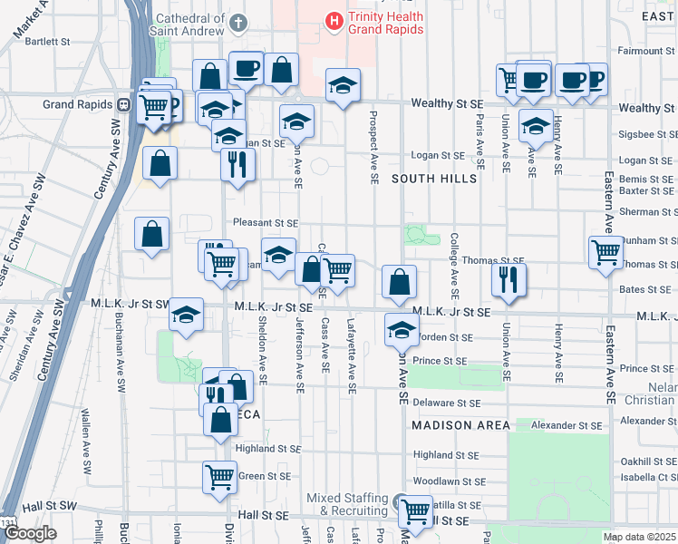 map of restaurants, bars, coffee shops, grocery stores, and more near 717 Lafayette Avenue Southeast in Grand Rapids