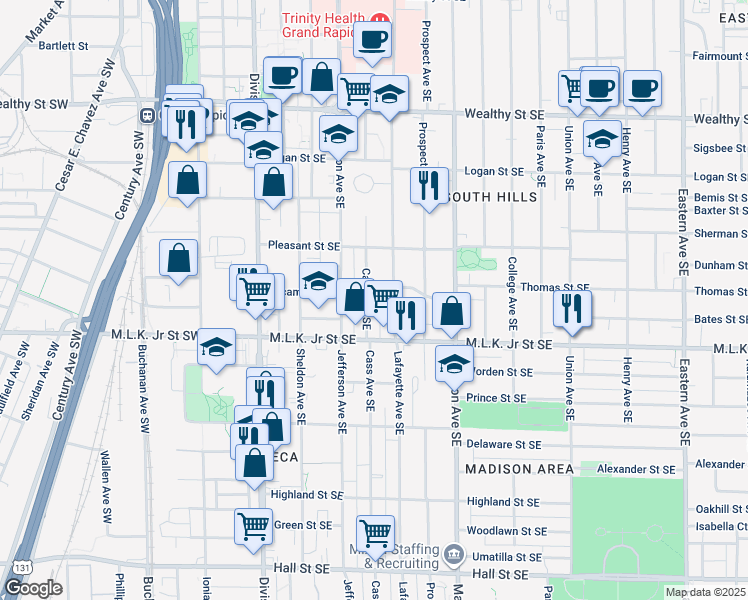 map of restaurants, bars, coffee shops, grocery stores, and more near 717 Lafayette Avenue Southeast in Grand Rapids