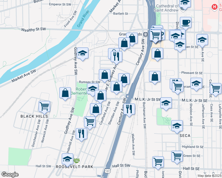 map of restaurants, bars, coffee shops, grocery stores, and more near 334 Rumsey Street Southwest in Grand Rapids