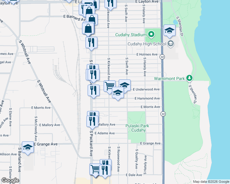 map of restaurants, bars, coffee shops, grocery stores, and more near 3732 East Hammond Avenue in Cudahy