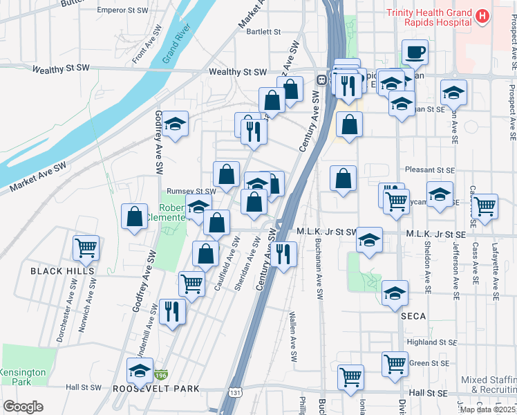 map of restaurants, bars, coffee shops, grocery stores, and more near 327 Rumsey Street Southwest in Grand Rapids