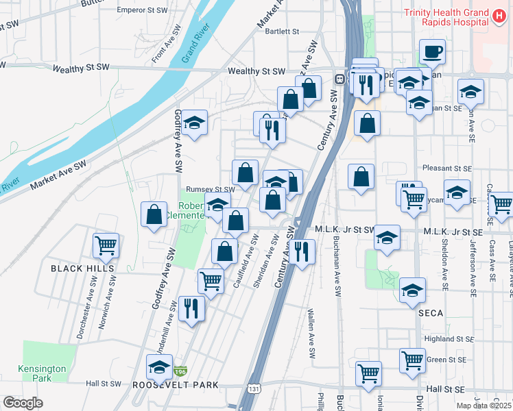 map of restaurants, bars, coffee shops, grocery stores, and more near 384 Rumsey Street Southwest in Grand Rapids