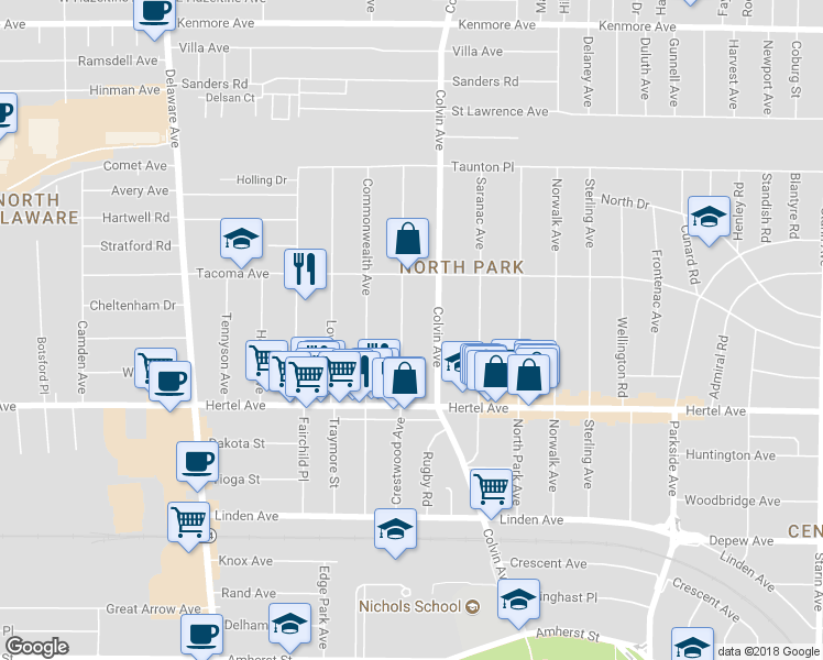 map of restaurants, bars, coffee shops, grocery stores, and more near 171 Crestwood Avenue in Buffalo