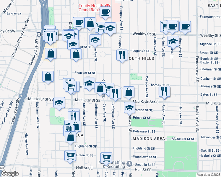 map of restaurants, bars, coffee shops, grocery stores, and more near 701 Lafayette Avenue Southeast in Grand Rapids