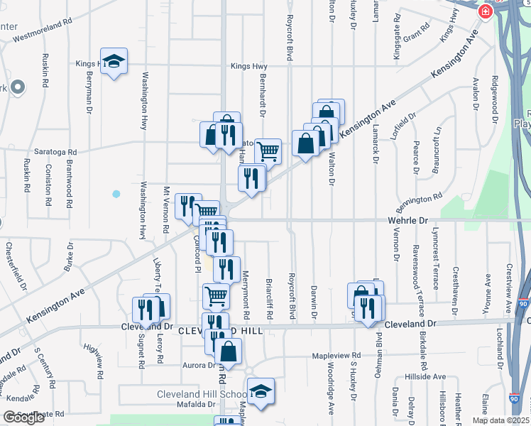 map of restaurants, bars, coffee shops, grocery stores, and more near 460 Bernhardt Drive in Buffalo