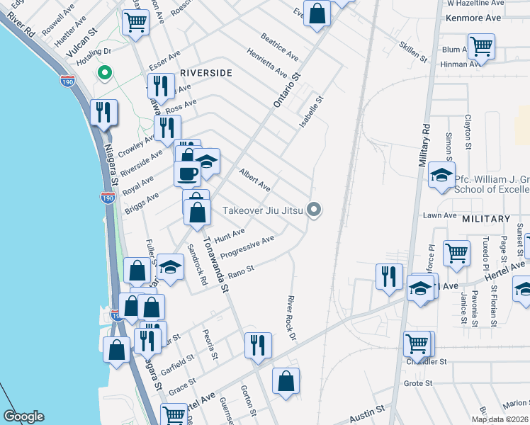 map of restaurants, bars, coffee shops, grocery stores, and more near 88 Gallatin Avenue in Buffalo