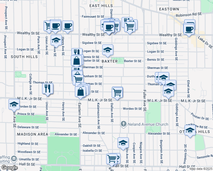 map of restaurants, bars, coffee shops, grocery stores, and more near 940 Thomas Street Southeast in Grand Rapids