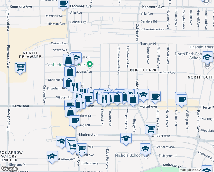 map of restaurants, bars, coffee shops, grocery stores, and more near 72 Lovering Avenue in Buffalo