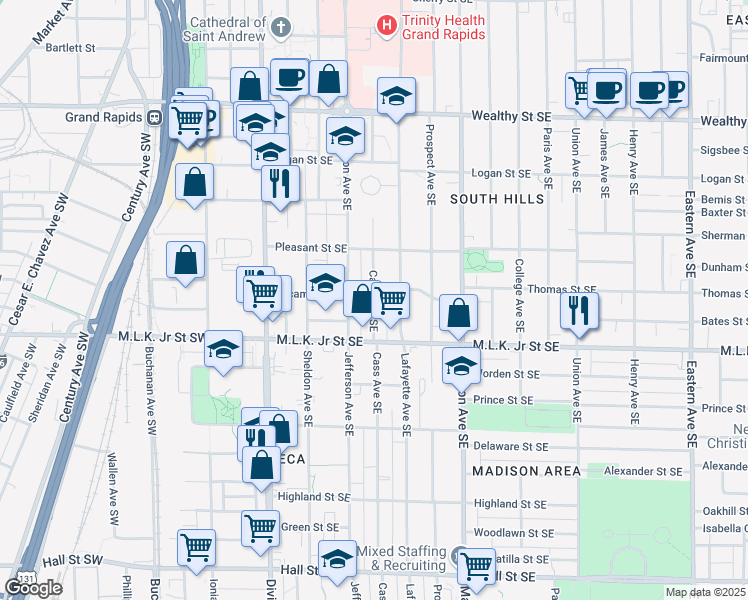 map of restaurants, bars, coffee shops, grocery stores, and more near 703 Cass Avenue Southeast in Grand Rapids