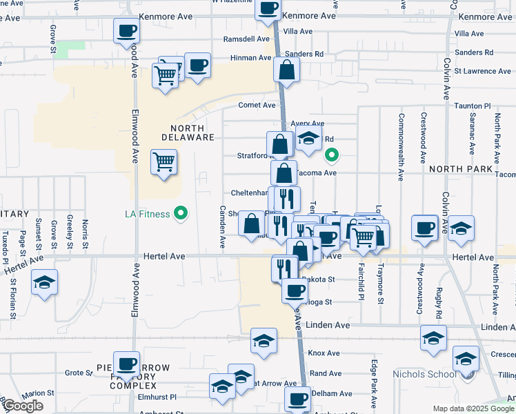 map of restaurants, bars, coffee shops, grocery stores, and more near 36 Shoreham Parkway in Buffalo