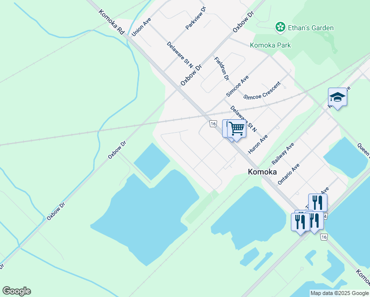 map of restaurants, bars, coffee shops, grocery stores, and more near 128 Prince Street in Komoka
