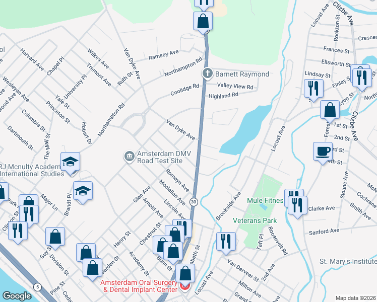 map of restaurants, bars, coffee shops, grocery stores, and more near 8 Summit Avenue in Amsterdam