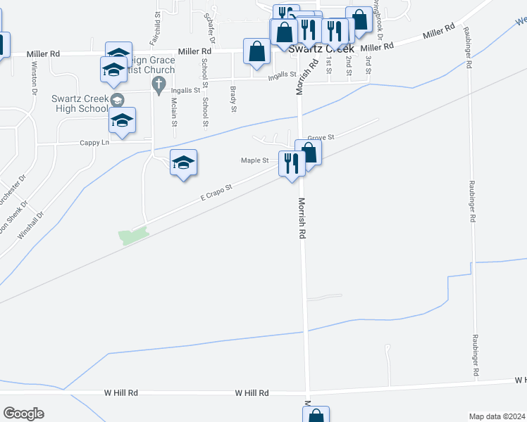 map of restaurants, bars, coffee shops, grocery stores, and more near 5256 Morrish Road in Swartz Creek