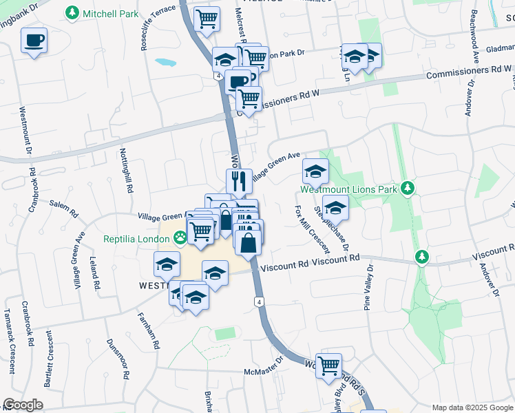 map of restaurants, bars, coffee shops, grocery stores, and more near 760 Wonderland Road South in London