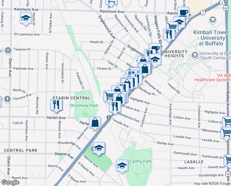 map of restaurants, bars, coffee shops, grocery stores, and more near 48 Custer Street in Buffalo