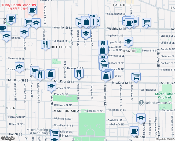 map of restaurants, bars, coffee shops, grocery stores, and more near 640 Thomas Street Southeast in Grand Rapids