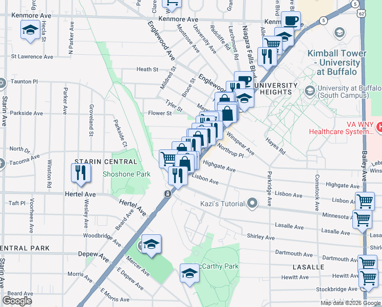 map of restaurants, bars, coffee shops, grocery stores, and more near 3112 Main Street in Buffalo
