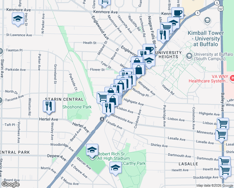 map of restaurants, bars, coffee shops, grocery stores, and more near 3112 Main Street in Buffalo
