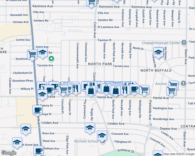 map of restaurants, bars, coffee shops, grocery stores, and more near 126 Saranac Avenue in Buffalo