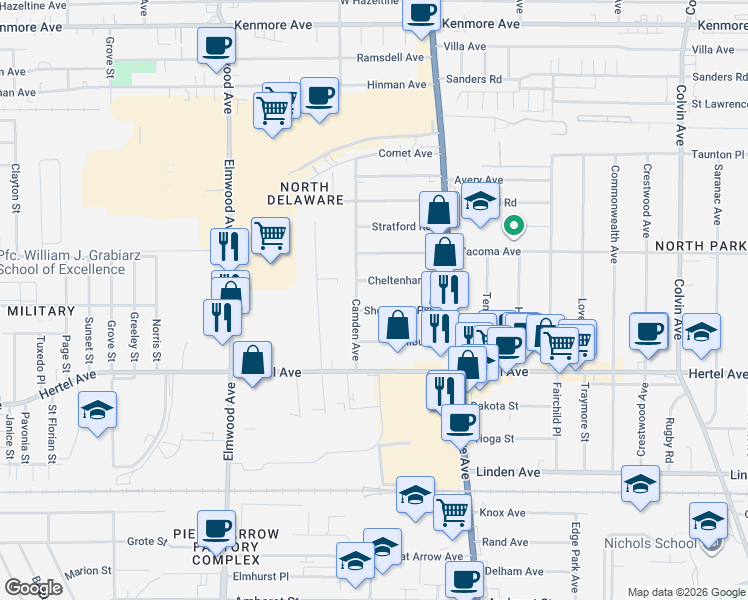 map of restaurants, bars, coffee shops, grocery stores, and more near 74 Shoreham Parkway in Buffalo