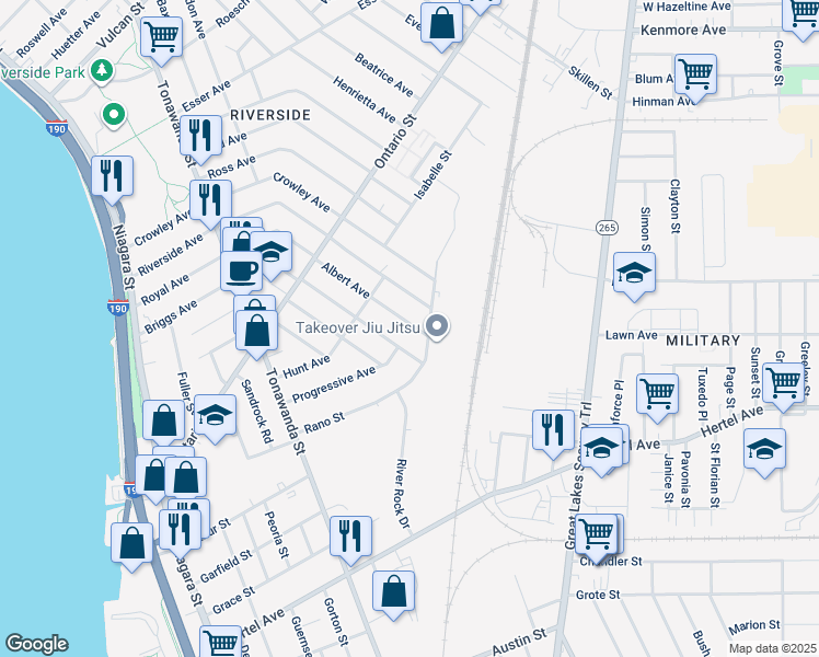map of restaurants, bars, coffee shops, grocery stores, and more near 117 Mayer Avenue in Buffalo