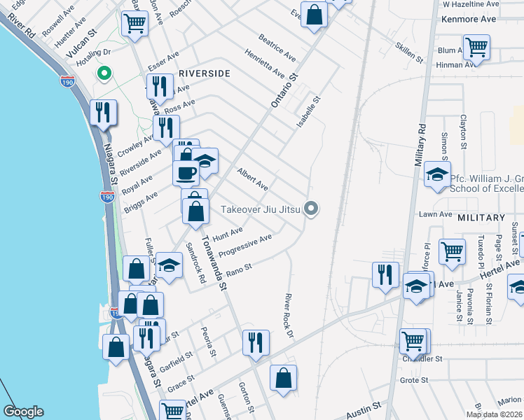 map of restaurants, bars, coffee shops, grocery stores, and more near 82 Gallatin Avenue in Buffalo