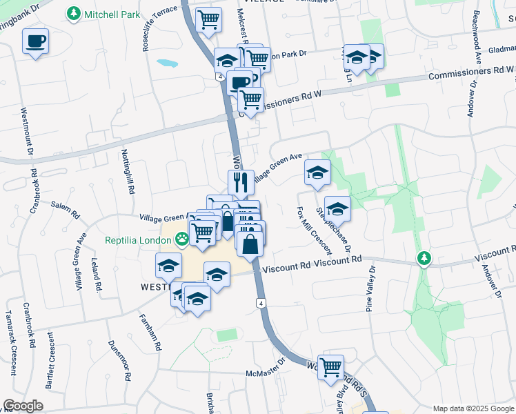 map of restaurants, bars, coffee shops, grocery stores, and more near 765 Wonderland Road South in London