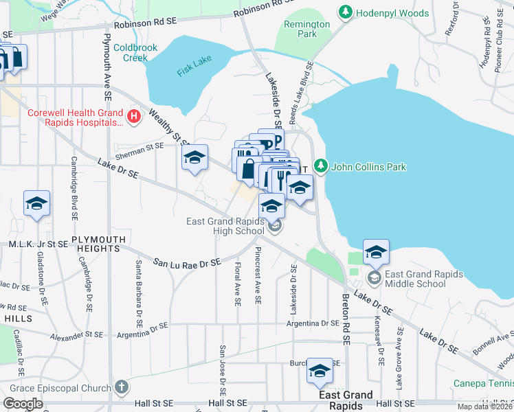 map of restaurants, bars, coffee shops, grocery stores, and more near 739 Bagley Avenue Southeast in Grand Rapids