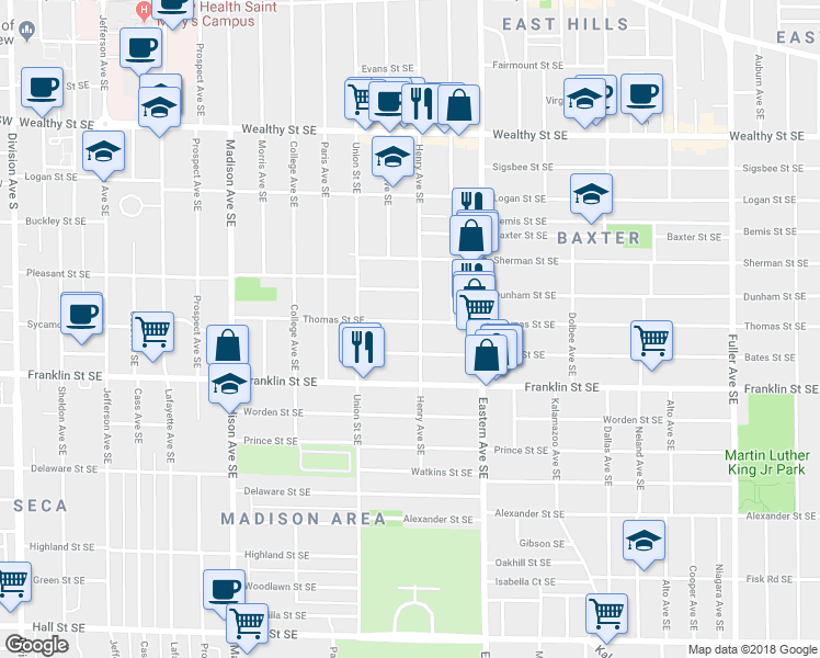 map of restaurants, bars, coffee shops, grocery stores, and more near 724 Henry Avenue Southeast in Grand Rapids