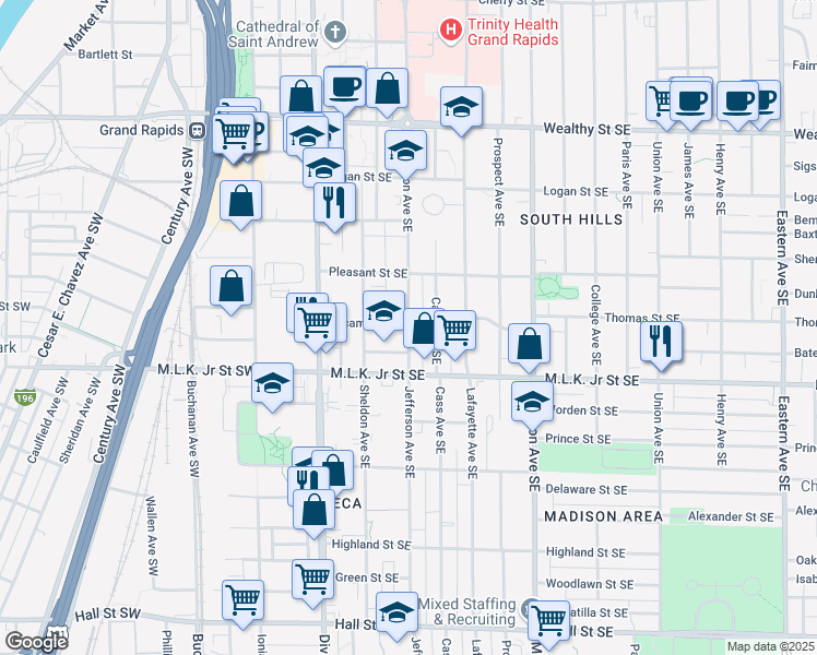 map of restaurants, bars, coffee shops, grocery stores, and more near 720 Jefferson Avenue Southeast in Grand Rapids
