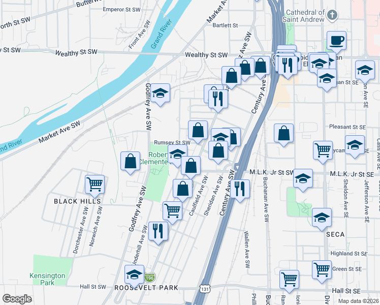 map of restaurants, bars, coffee shops, grocery stores, and more near 733 Grandville Avenue Southwest in Grand Rapids