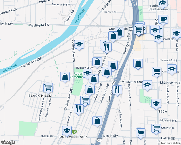 map of restaurants, bars, coffee shops, grocery stores, and more near 801 Oakland Avenue Southwest in Grand Rapids