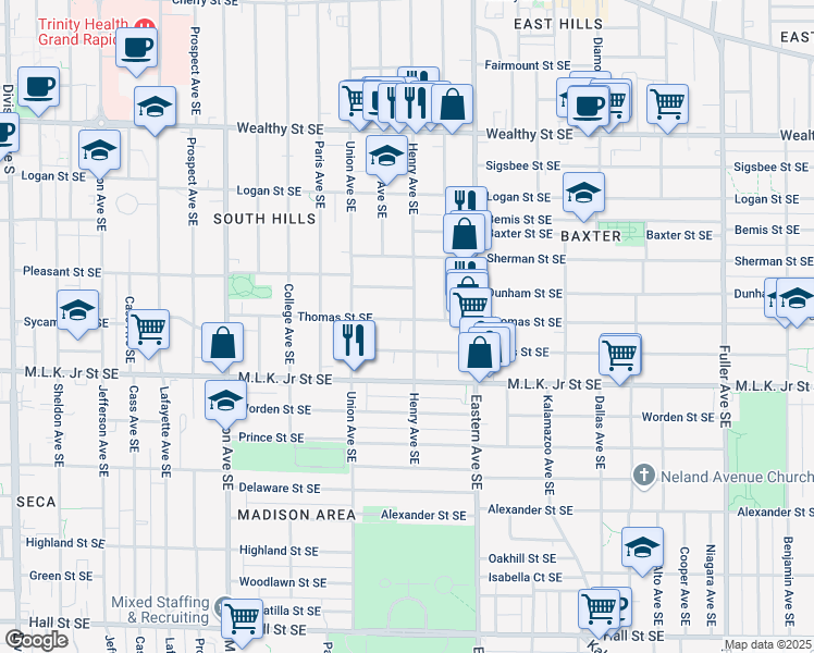 map of restaurants, bars, coffee shops, grocery stores, and more near 656 Thomas Street Southeast in Grand Rapids