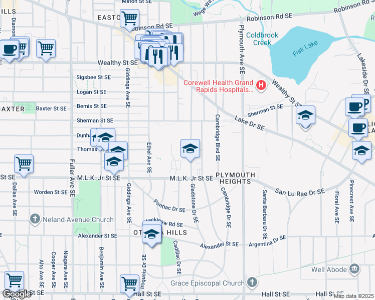 map of restaurants, bars, coffee shops, grocery stores, and more near 701 Gladstone Drive Southeast in Grand Rapids
