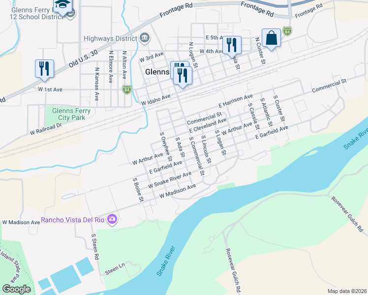 map of restaurants, bars, coffee shops, grocery stores, and more near 113 W Arthur Ave in Glenns Ferry