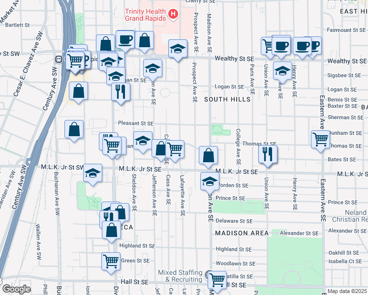 map of restaurants, bars, coffee shops, grocery stores, and more near 700 Lafayette Avenue Southeast in Grand Rapids
