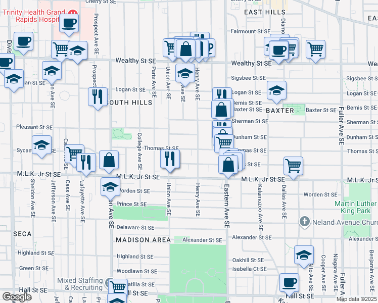 map of restaurants, bars, coffee shops, grocery stores, and more near 640 Thomas Street Southeast in Grand Rapids
