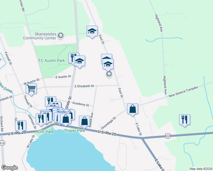 map of restaurants, bars, coffee shops, grocery stores, and more near 163 East Elizabeth Street in Skaneateles