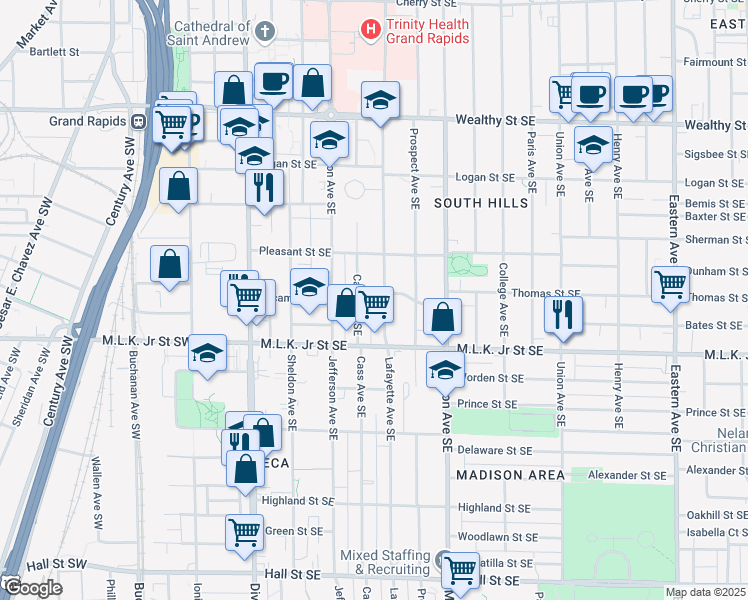 map of restaurants, bars, coffee shops, grocery stores, and more near 249 Sycamore Street Southeast in Grand Rapids