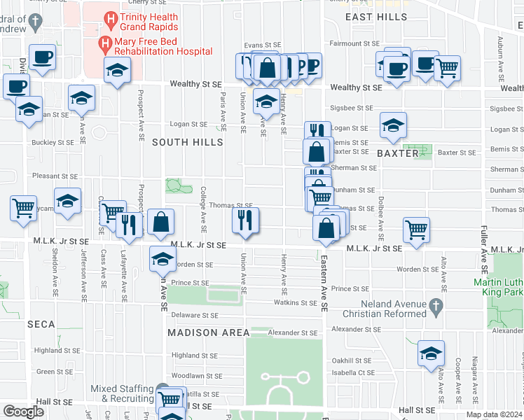 map of restaurants, bars, coffee shops, grocery stores, and more near 626 Thomas Street Southeast in Grand Rapids