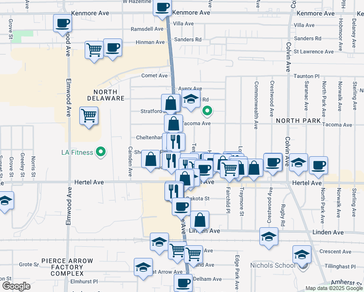 map of restaurants, bars, coffee shops, grocery stores, and more near 2401 Delaware Avenue in Buffalo