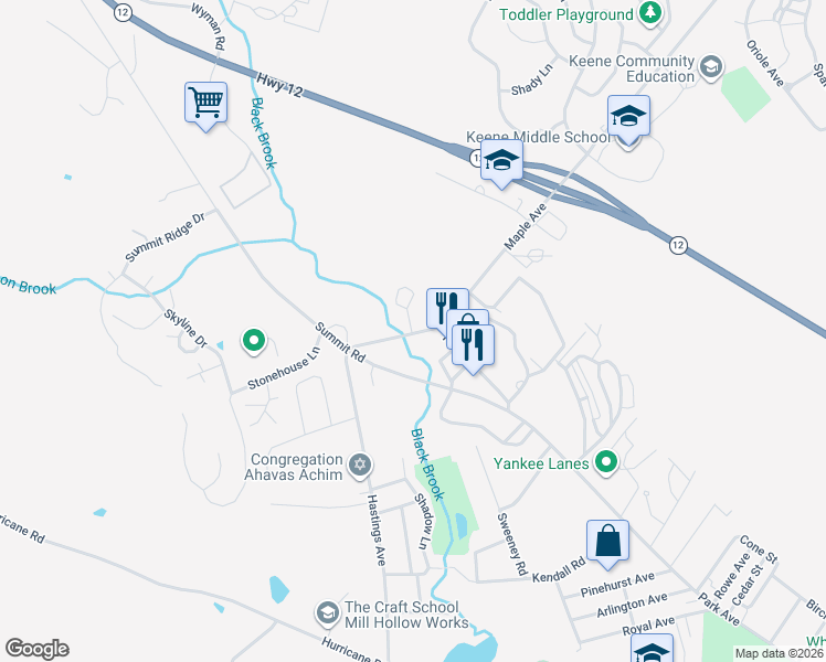 map of restaurants, bars, coffee shops, grocery stores, and more near 93 Summit Road in Keene