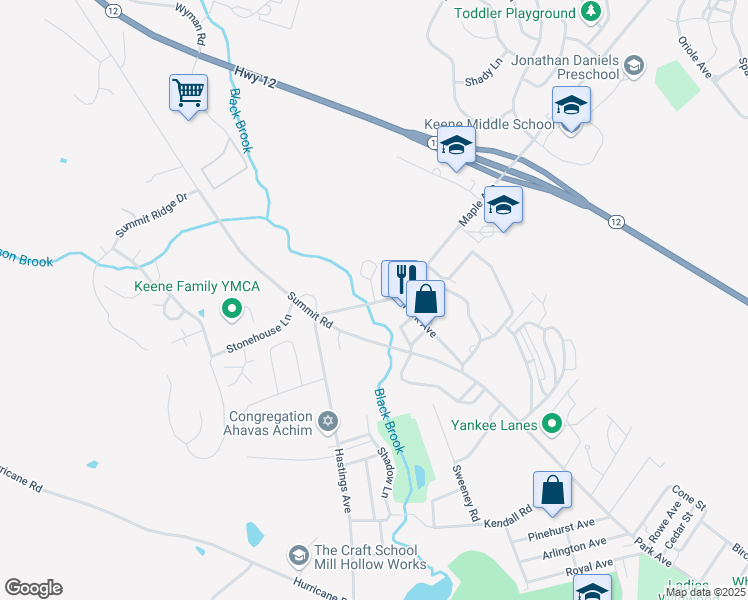 map of restaurants, bars, coffee shops, grocery stores, and more near 93 Summit Road in Keene