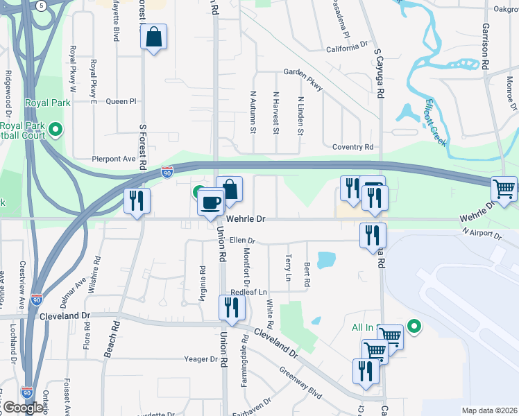 map of restaurants, bars, coffee shops, grocery stores, and more near 849 Wehrle Drive in Buffalo