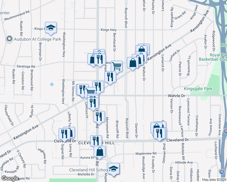 map of restaurants, bars, coffee shops, grocery stores, and more near 85 Wehrle Drive in Buffalo