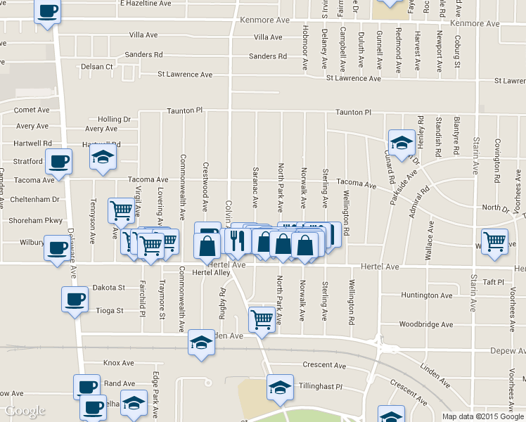map of restaurants, bars, coffee shops, grocery stores, and more near 180 North Park Avenue in Buffalo