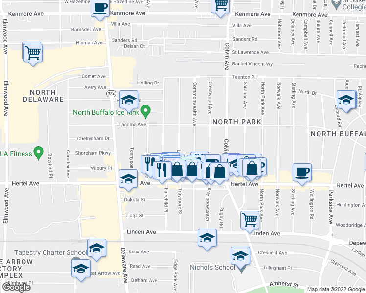 map of restaurants, bars, coffee shops, grocery stores, and more near 55 Lovering Avenue in Buffalo