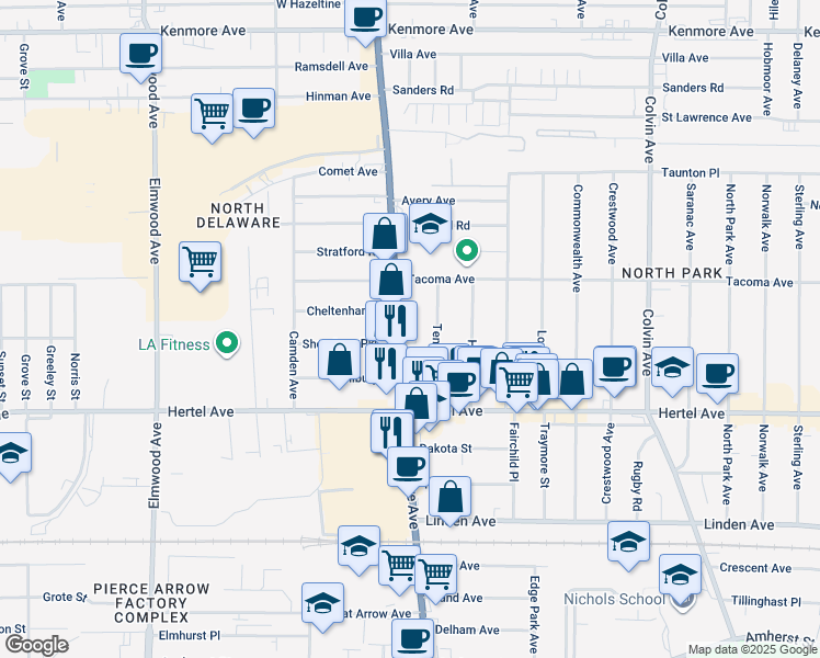 map of restaurants, bars, coffee shops, grocery stores, and more near 2401 Delaware Avenue in Buffalo